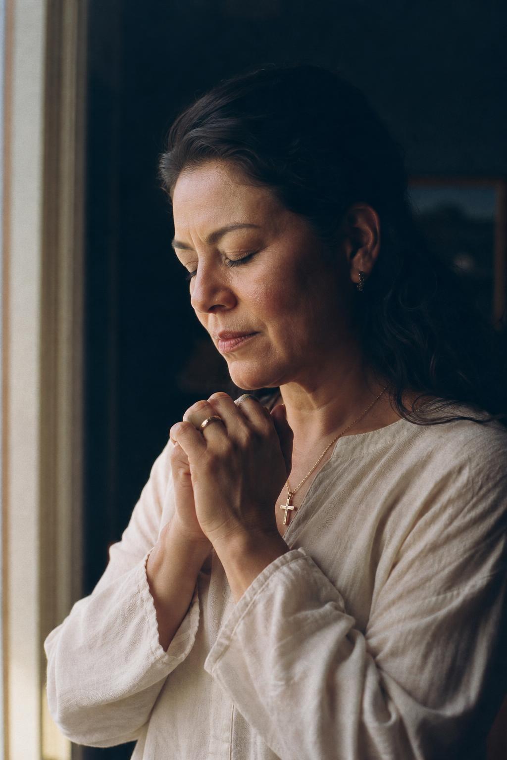 Pastora Valeria Mendoza orando junto a la ventana